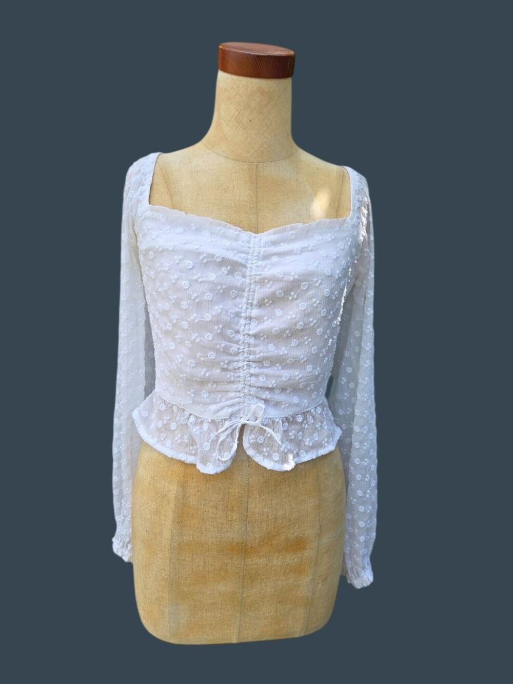 Hollister White Long-Sleeve BOHO Ruched Peplum Top With Floral Embroidery Size S